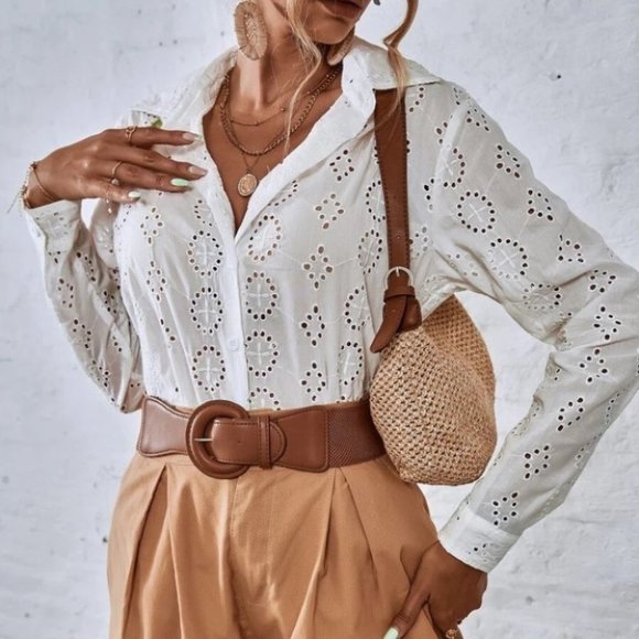 Embroiderd Button Down Blouse top white - Picture 1 of 6